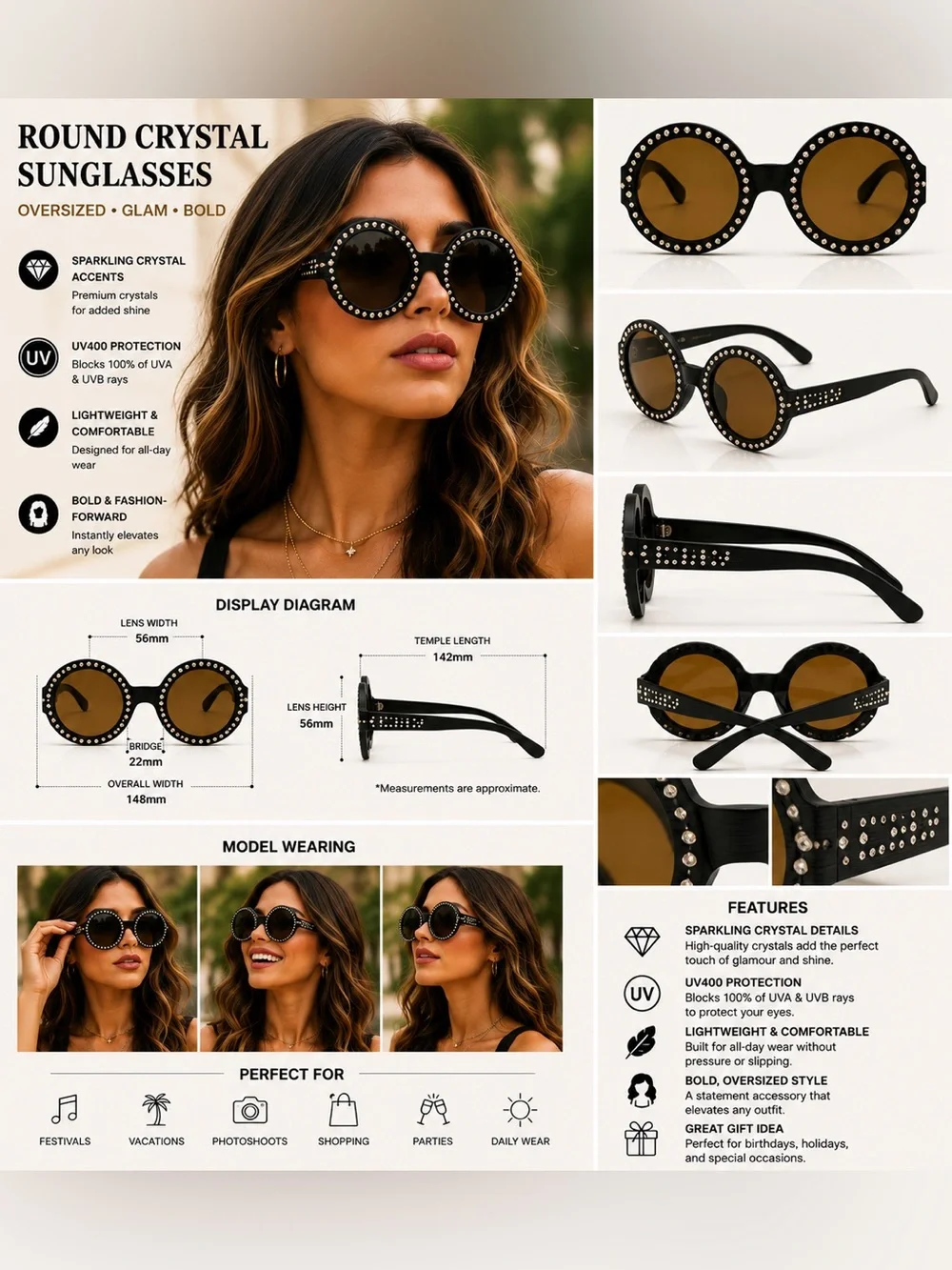 Round Black Sunglasses with Amber Lenses and Crystal Accents